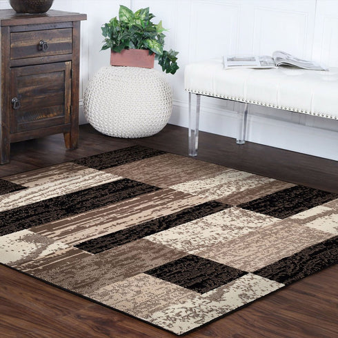 12' Black Brown And Beige Patchwork Runner Rug